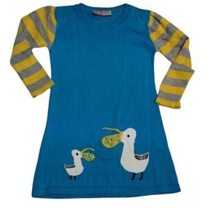 Sophie and Sam Knit Dress Stork Applique Striped Sleeve Blue‎ Yellow Size 4